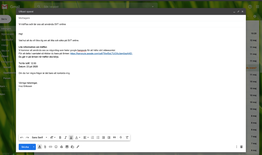 Exempel på hur ett mail ser ut i gmail.